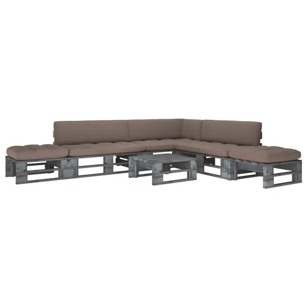 Salon de jardin palette 6pcs avec coussins Pin imprégné de gris