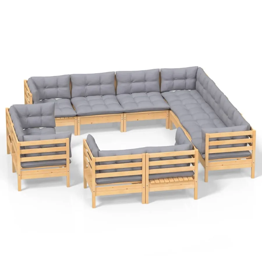 Salon de jardin 11 pcs avec coussins gris Bois de pin solide - 2