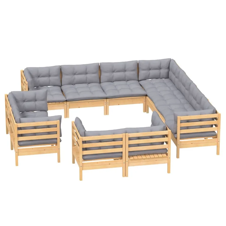 Salon de jardin 11 pcs avec coussins gris Bois de pin solide - 3