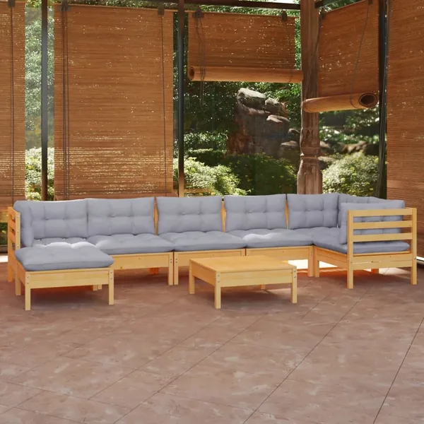 Salon de jardin 8 pcs avec coussins gris Bois de pin massif