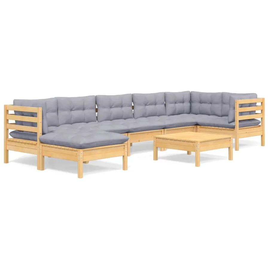 Salon de jardin 8 pcs avec coussins gris Bois de pin massif - 2