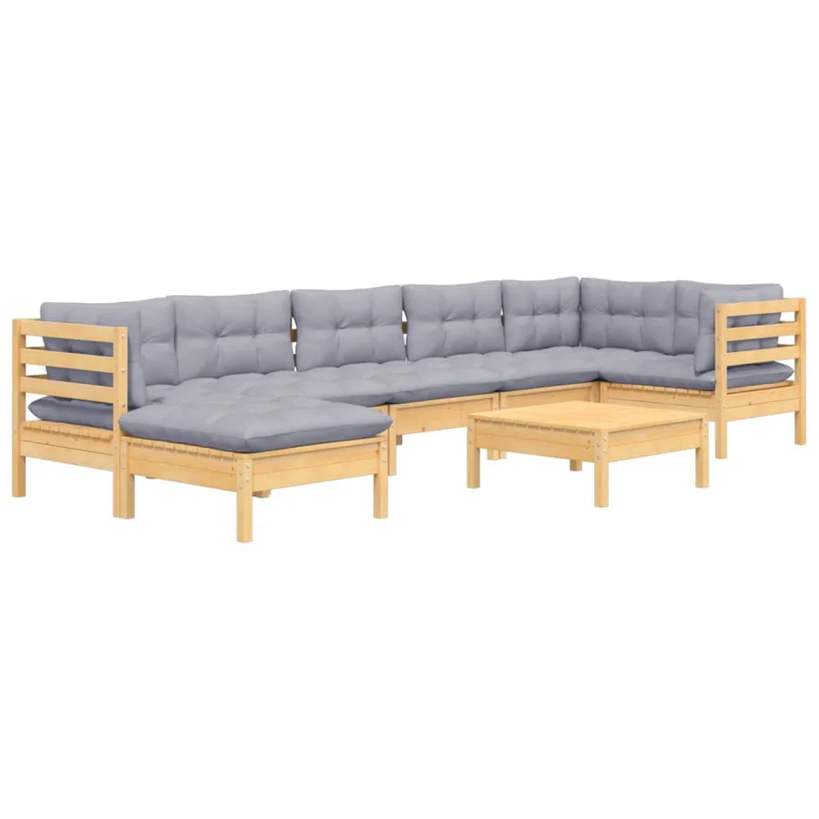 Salon de jardin 8 pcs avec coussins gris Bois de pin massif - 3