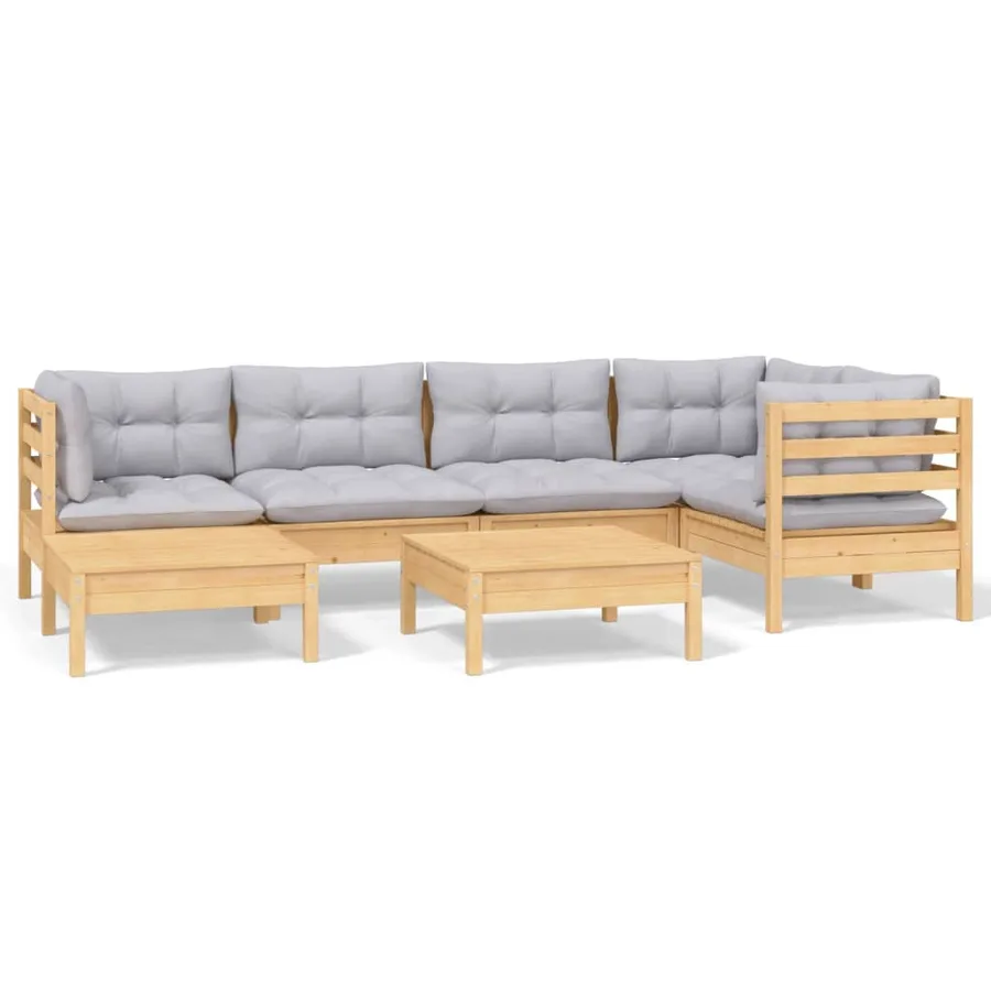 Salon de jardin 7 pcs avec coussins gris bois de pin massif - 2