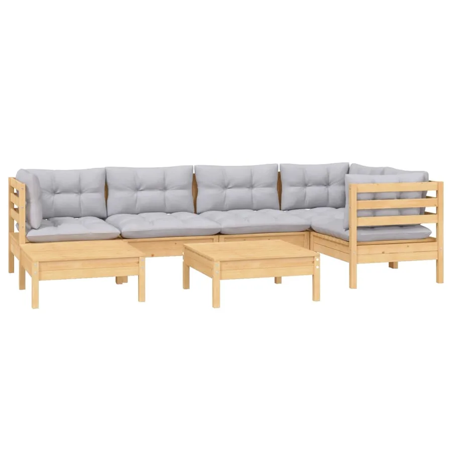 Salon de jardin 7 pcs avec coussins gris bois de pin massif - 3