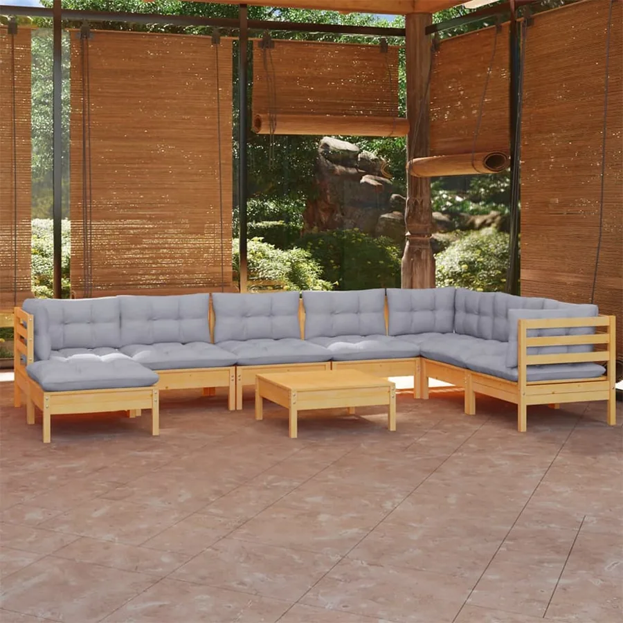 Salon de jardin 9 pcs avec coussins gris bois de pin massif