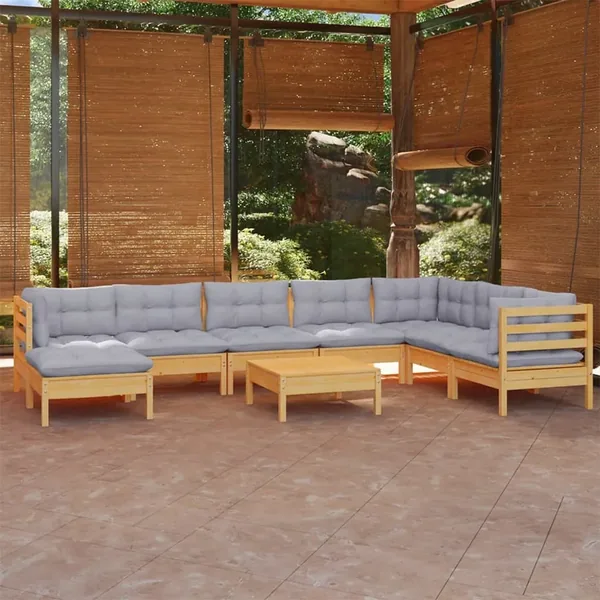 Salon de jardin 9 pcs avec coussins gris bois de pin massif
