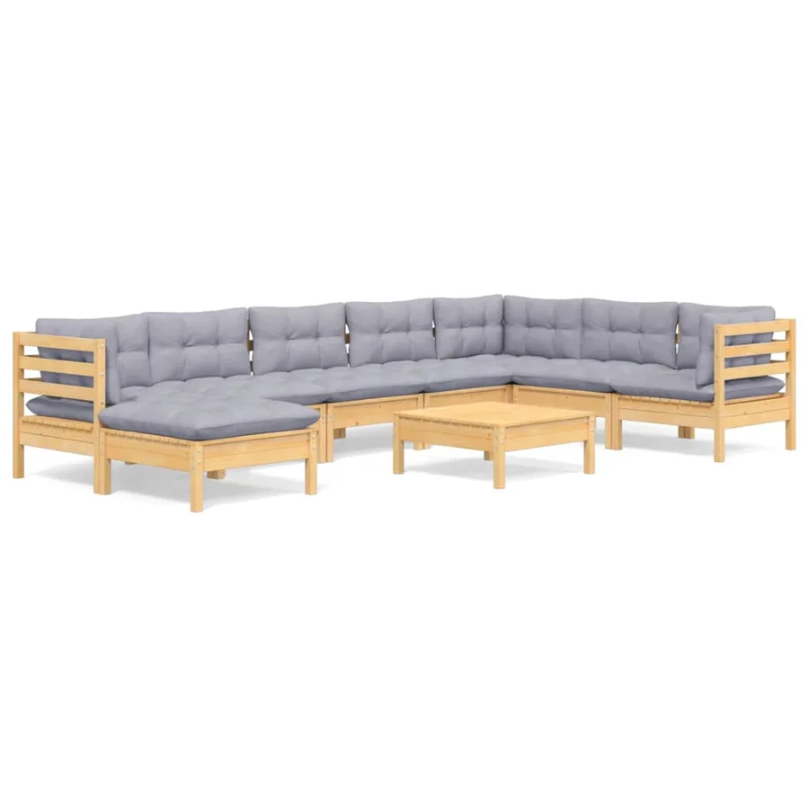 Salon de jardin 9 pcs avec coussins gris bois de pin massif - 2