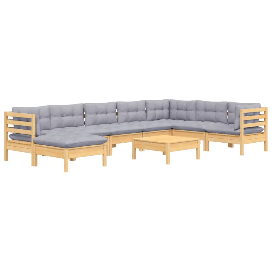 Salon de jardin 9 pcs avec coussins gris bois de pin massif - 3