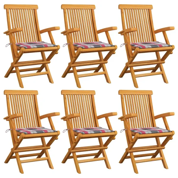 Chaises de jardin et coussins à carreaux rouge lot de 6 Teck
