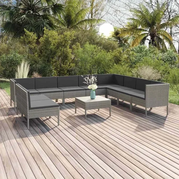 Salon de jardin 11 pcs avec coussins Résine tressée Gris