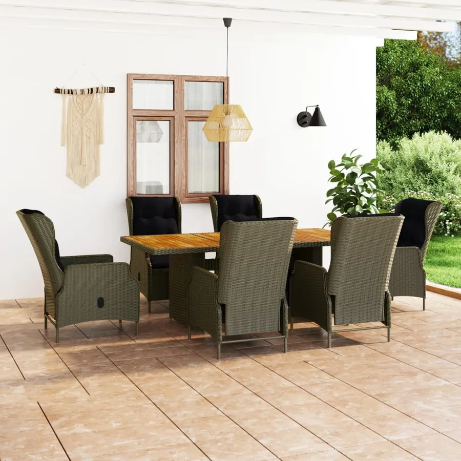 Ensemble à manger d'extérieur et coussins 7 pcs résine tressée