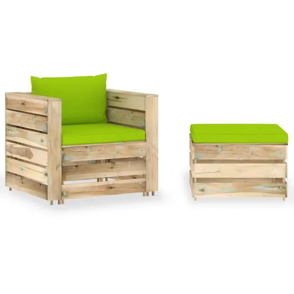 Salon de jardin 2 pcs avec coussins Bois imprégné de vert