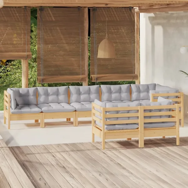 Salon de jardin 8 pcs avec coussins gris Bois de pin massif