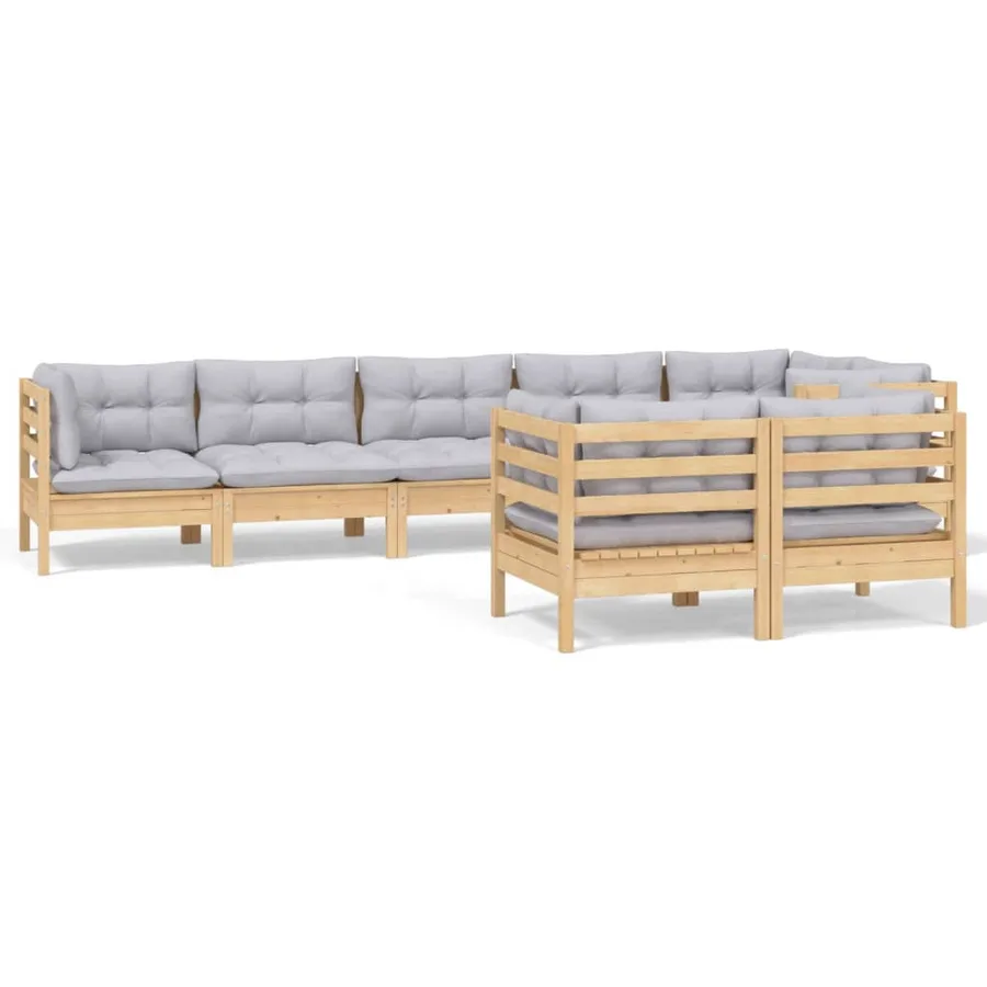 Salon de jardin 8 pcs avec coussins gris Bois de pin massif - 2