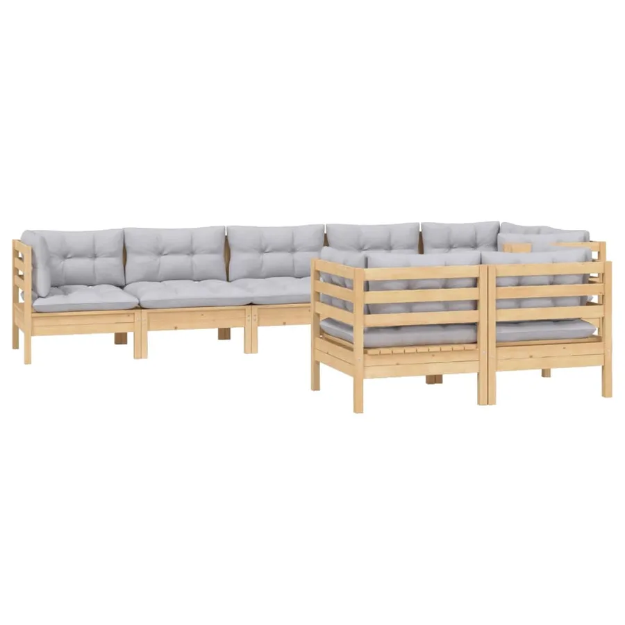 Salon de jardin 8 pcs avec coussins gris Bois de pin massif - 3