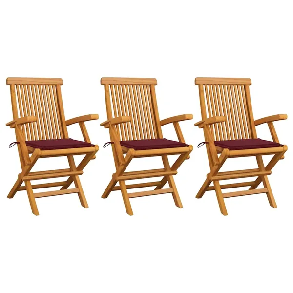 Chaises de jardin avec coussins rouge bordeaux lot de 3 Teck