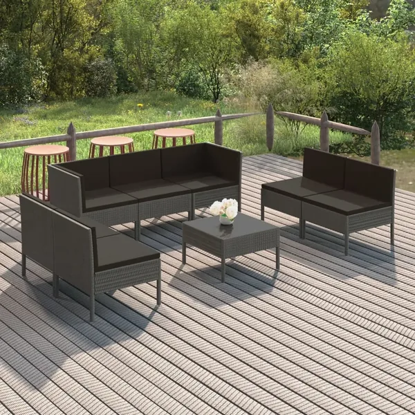 Salon de jardin 8 pcs avec coussins résine tressée gris
