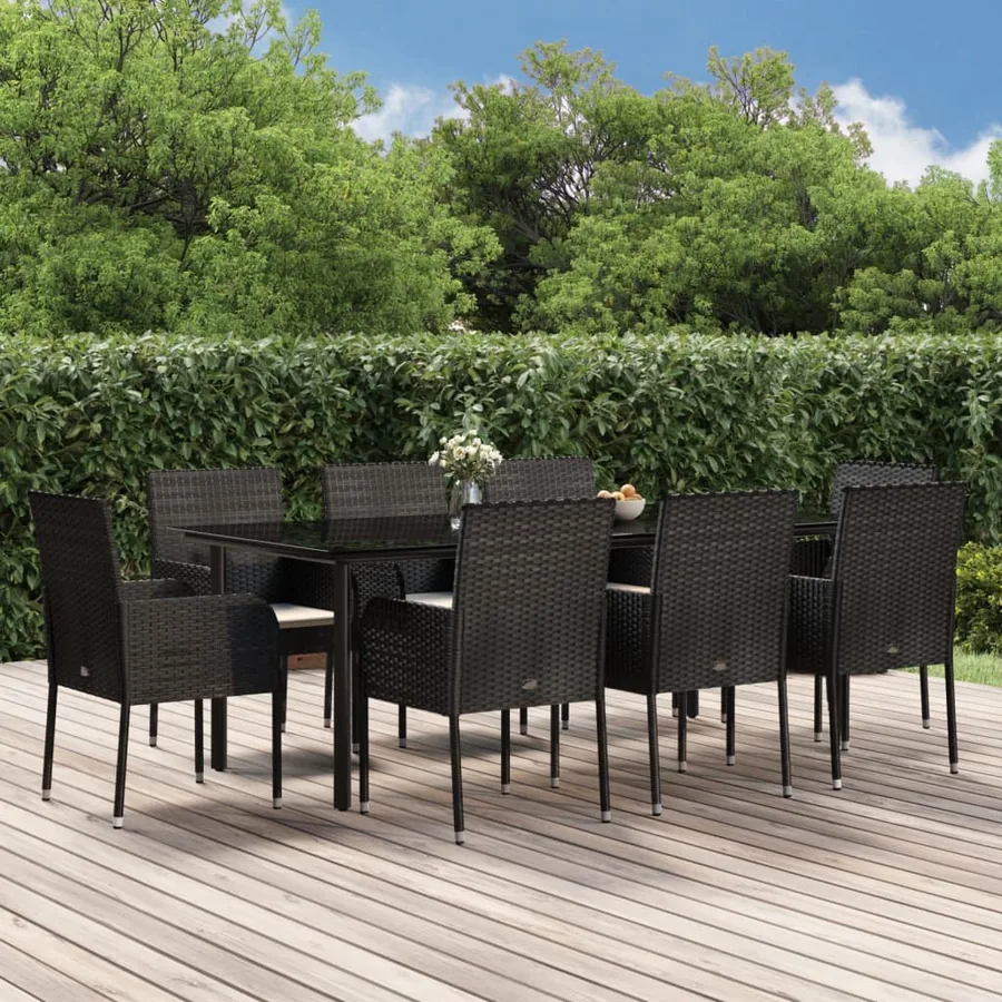 Ensemble à manger jardin 9pcs et coussins noir résine tressée