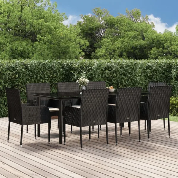 Ensemble à manger jardin 9pcs et coussins noir résine tressée
