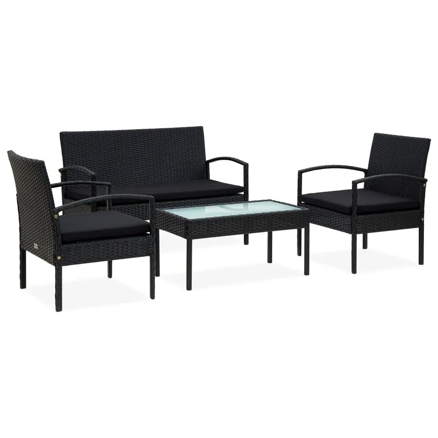 Salon de jardin 4 pcs avec coussins Résine tressée Noir