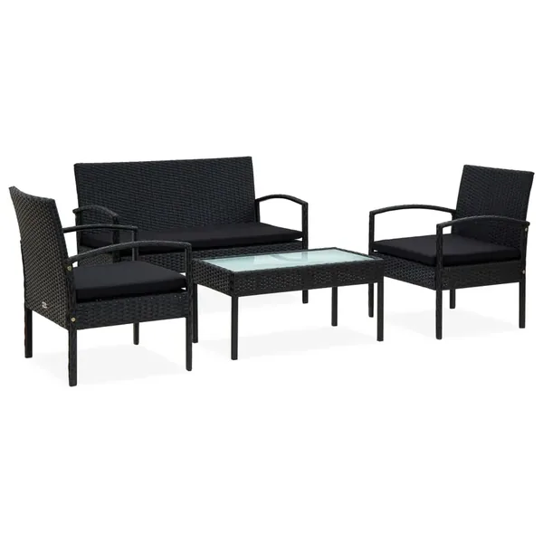 Salon de jardin 4 pcs avec coussins Résine tressée Noir