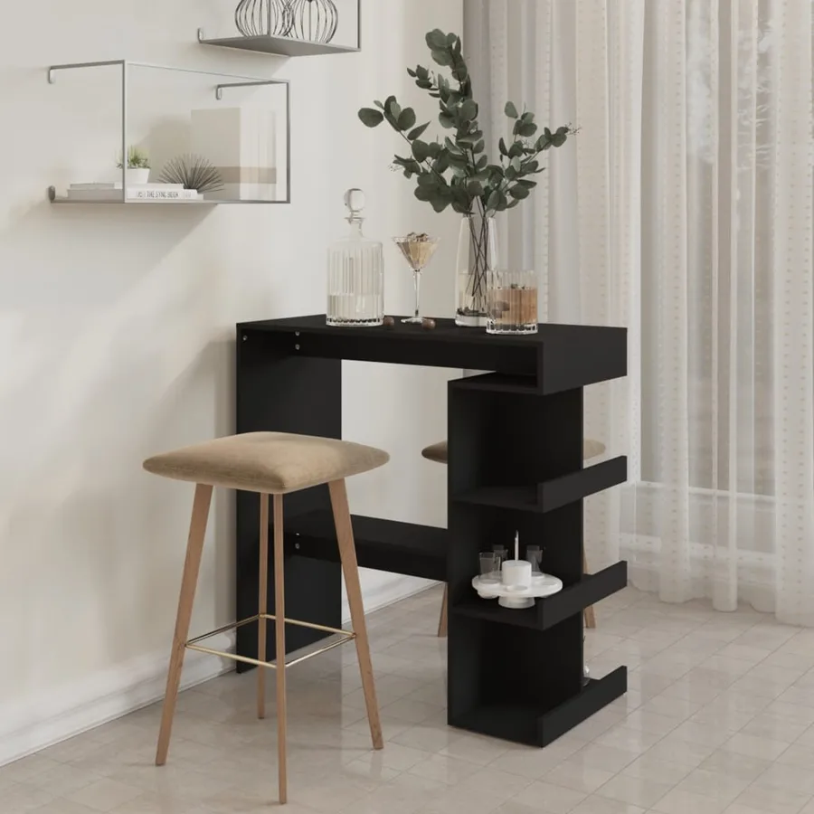 Table de bar avec étagère de rangement Noir Bois d'ingénierie - 3