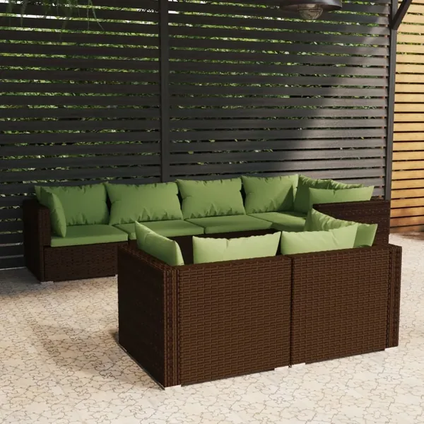 Salon de jardin avec coussins 7 pcs marron résine tressée
