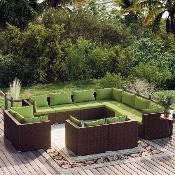 Salon de jardin 11 pcs avec coussins Marron Résine tressée