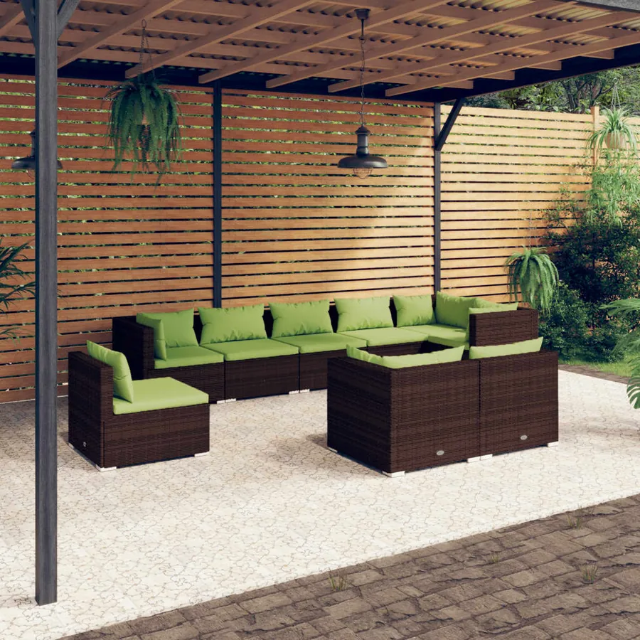 Salon de jardin 9 pcs avec coussins Résine tressée Marron