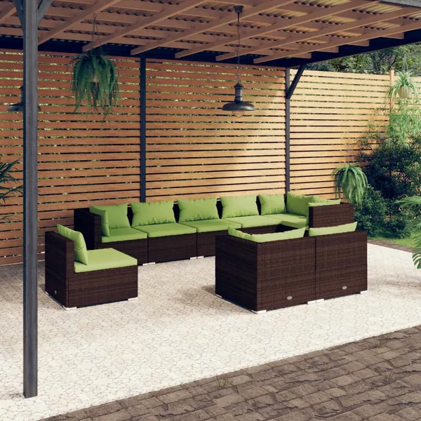 Salon de jardin 9 pcs avec coussins Résine tressée Marron