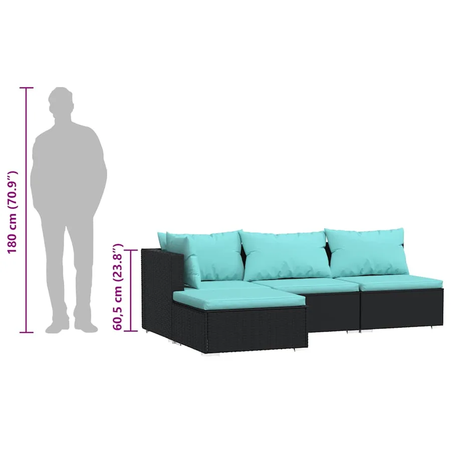 Salon de jardin 4 pcs avec coussins Noir Résine tressée - 12