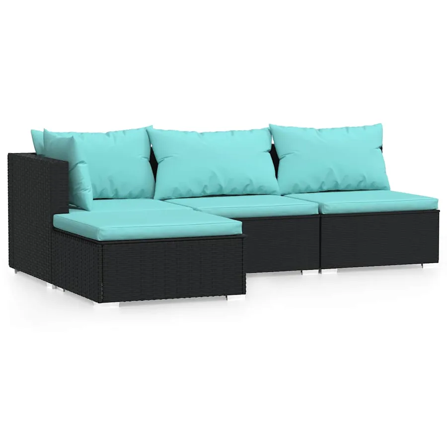 Salon de jardin 4 pcs avec coussins Noir Résine tressée - 2