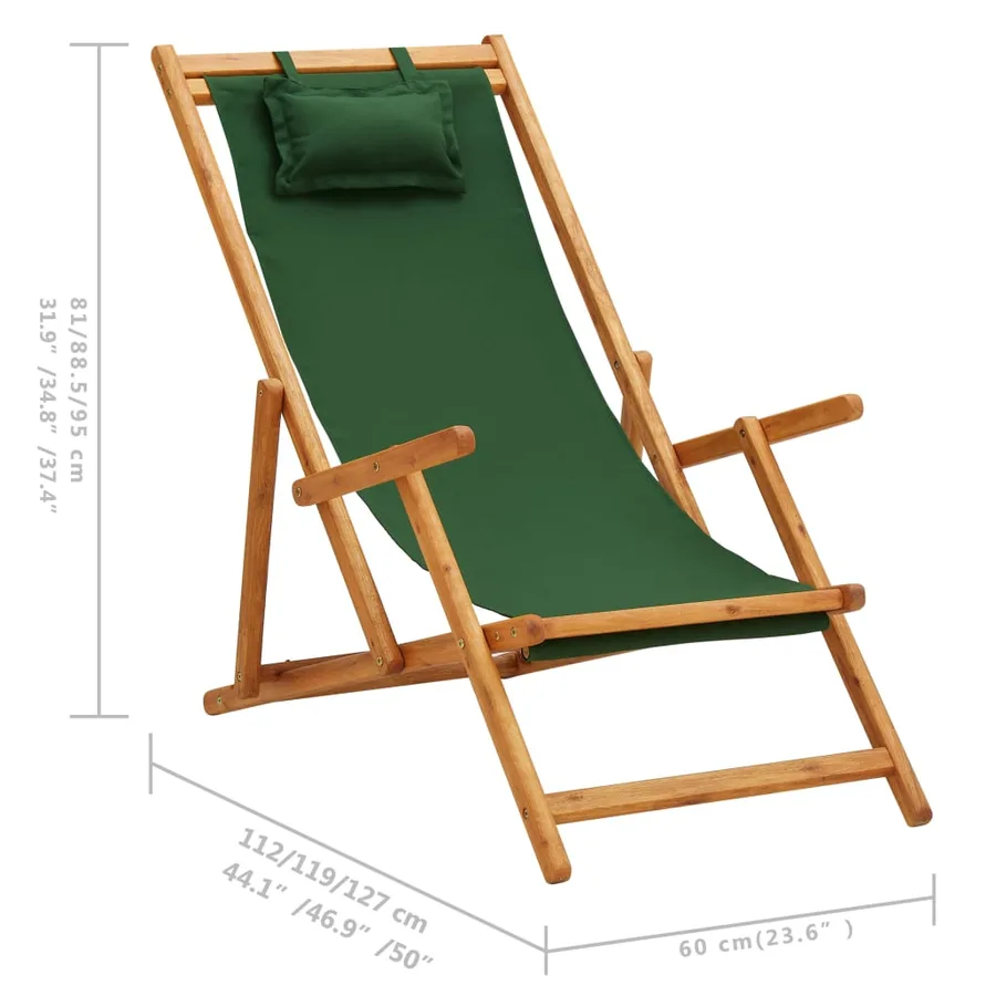 Chaise pliable de plage bois d'eucalyptus solide et tissu vert - 9