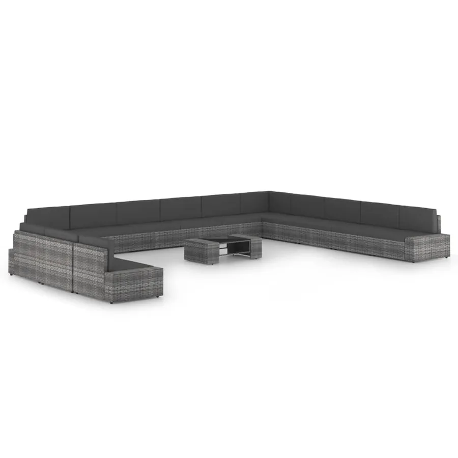 Salon de jardin 14 pcs avec coussins Gris Résine tressée