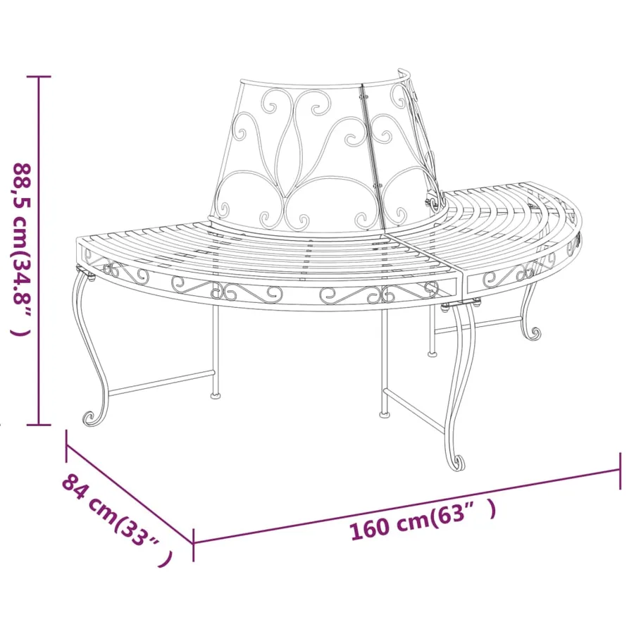 Banc demi-circulaire tour d'arbre Ø160 cm Noir Acier - 6