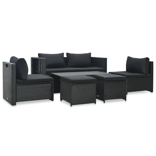 Salon de jardin 6 pcs avec coussins résine tressée noir