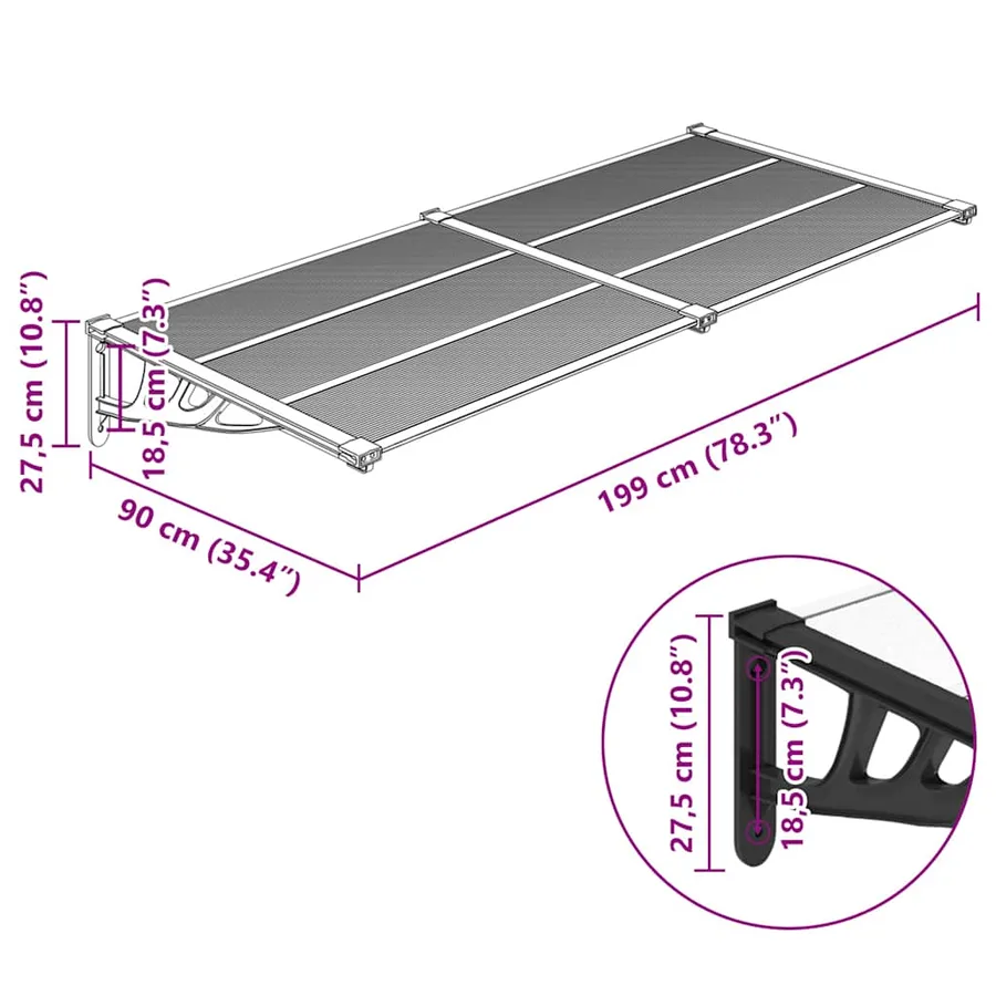 Auvent de porte Noir et transparent 199x90 cm Polycarbonate - 6