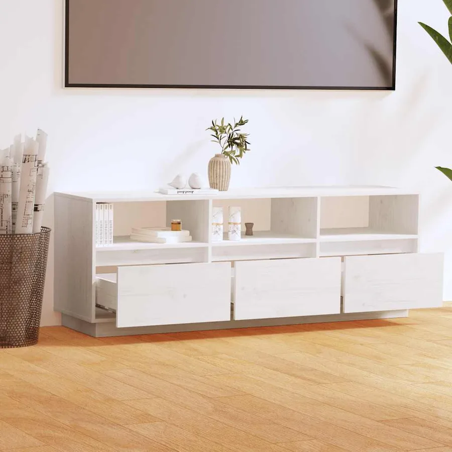 Meuble TV Blanc 140x37x50 cm Bois de pin massif - 3