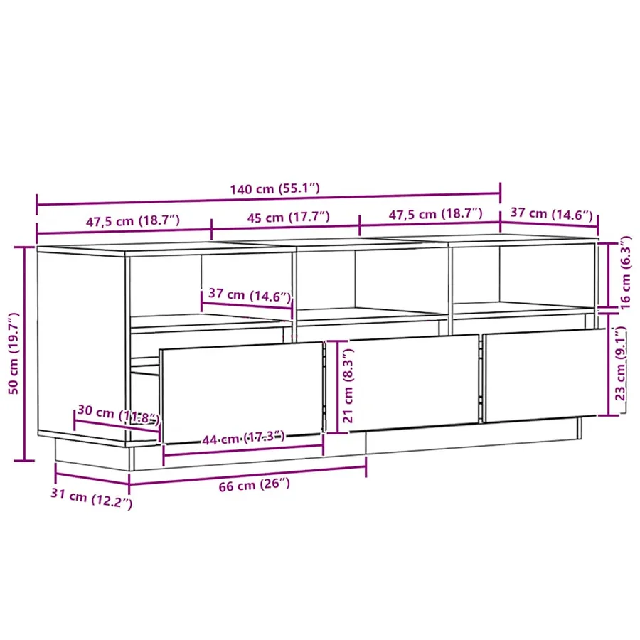 Meuble TV Blanc 140x37x50 cm Bois de pin massif - 9