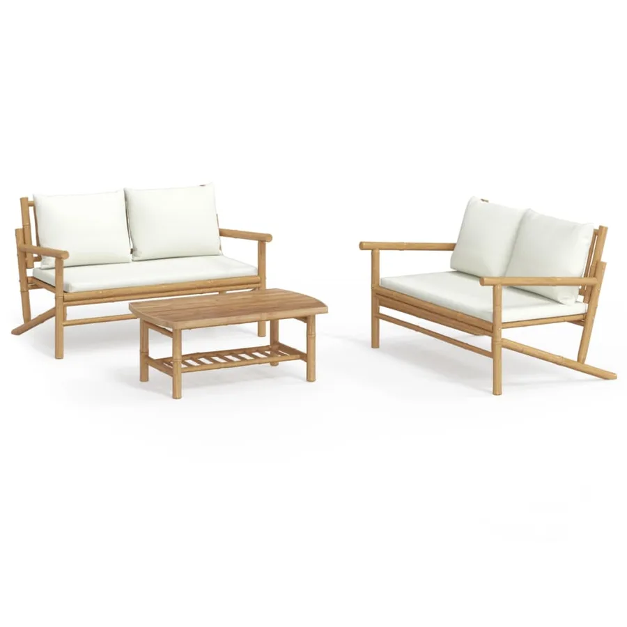 Salon de jardin 3 pcs avec coussins blanc crème bambou - 2
