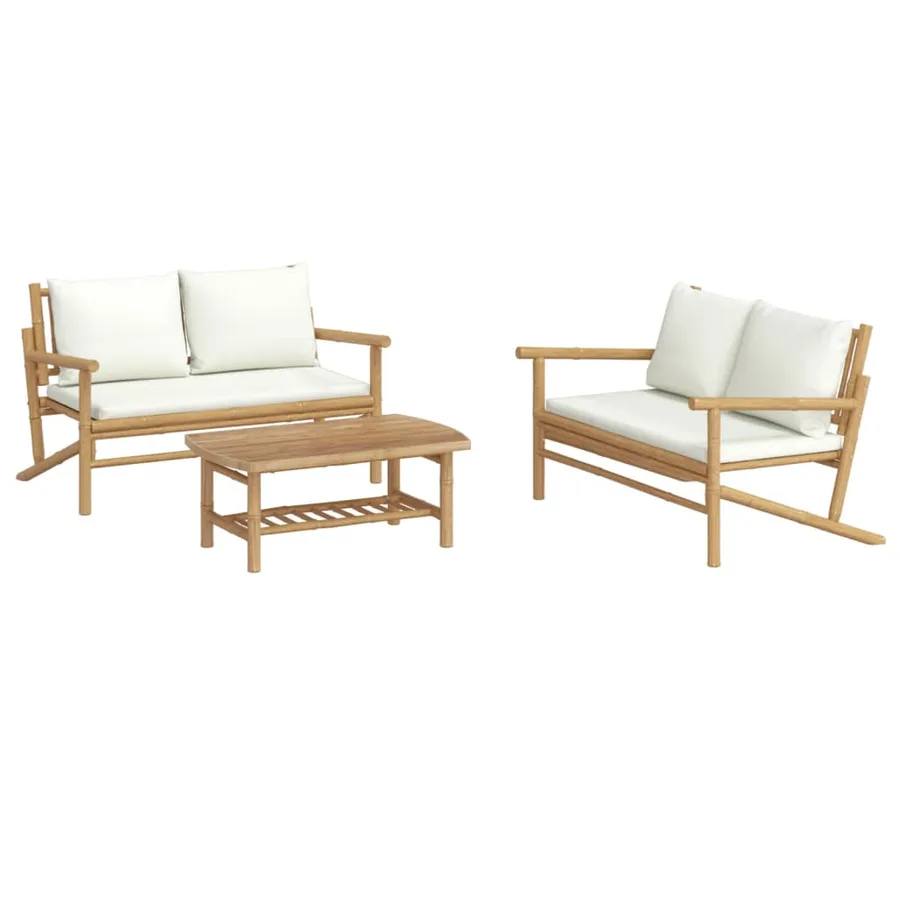 Salon de jardin 3 pcs avec coussins blanc crème bambou - 3