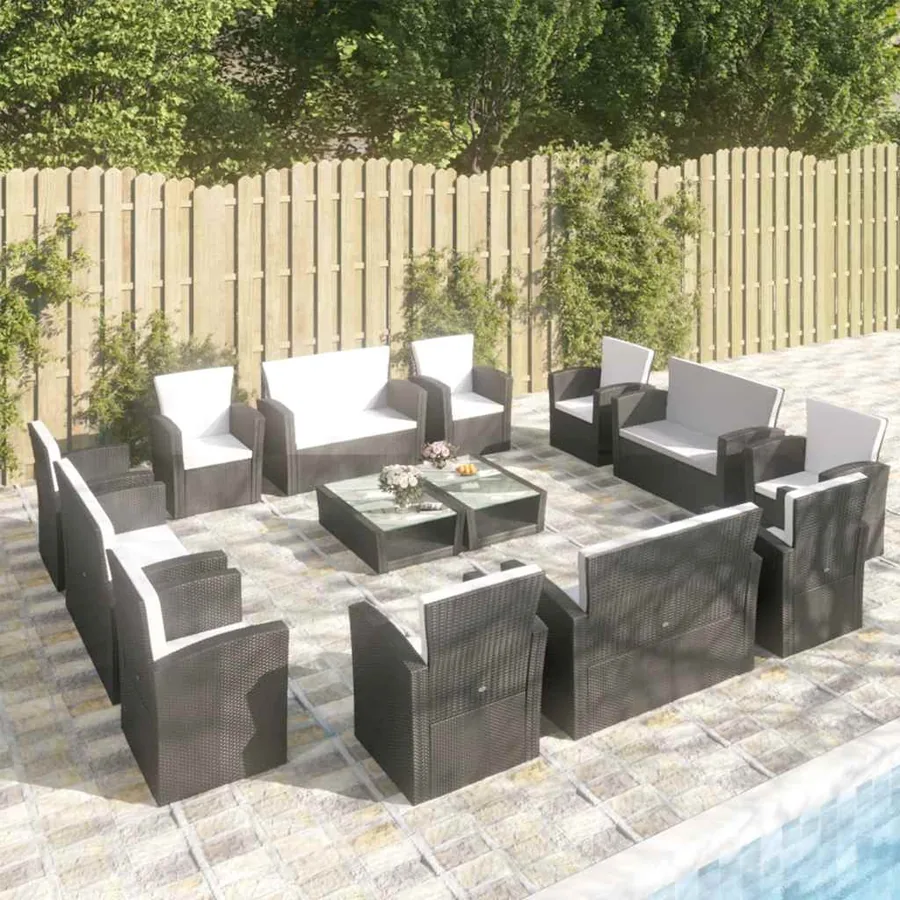Salon de jardin 16 pcs avec coussins Résine tressée Noir