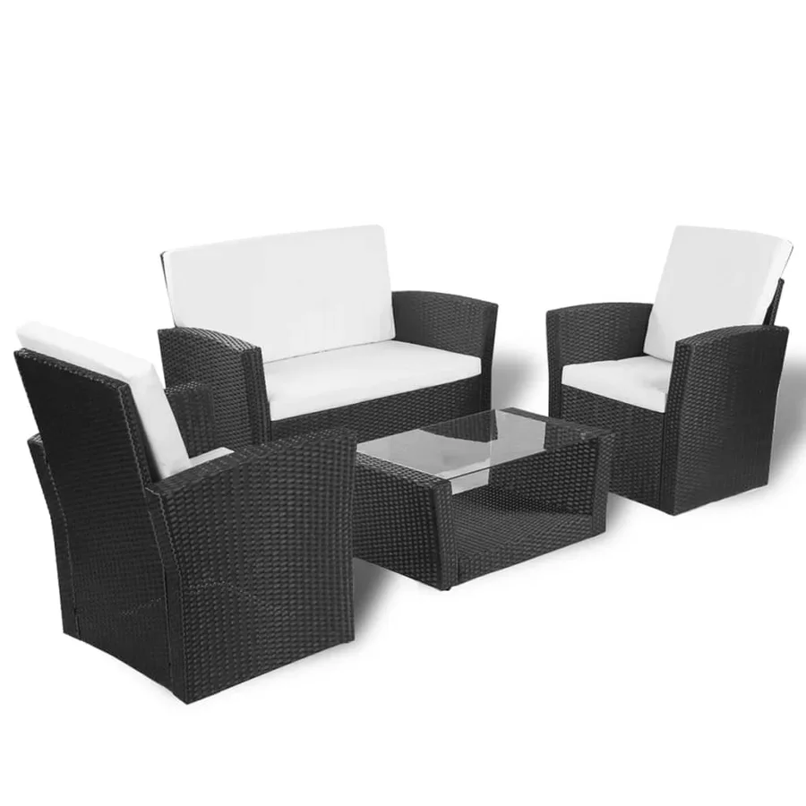 Salon de jardin 4 pcs avec coussins Résine tressée Noir - 3