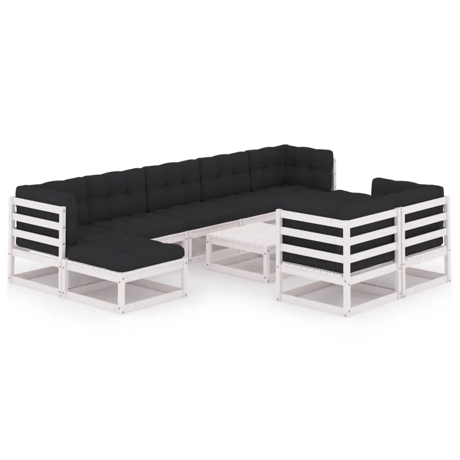Salon de jardin 10 pcs avec coussins Blanc Bois de pin massif - 2