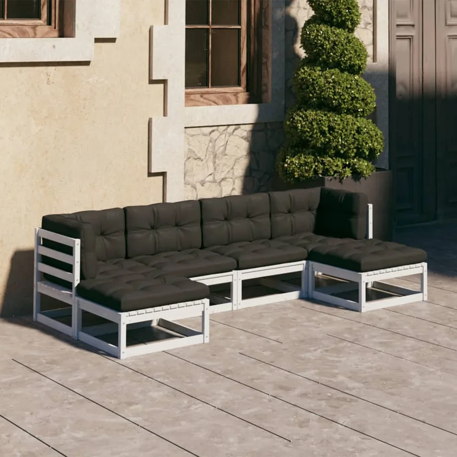 Salon de jardin avec coussins 6 pcs blanc bois de pin massif