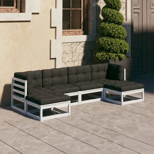 Salon de jardin avec coussins 6 pcs blanc bois de pin massif