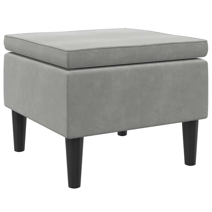 Tabouret avec pieds en bois et velours gris clair - 4