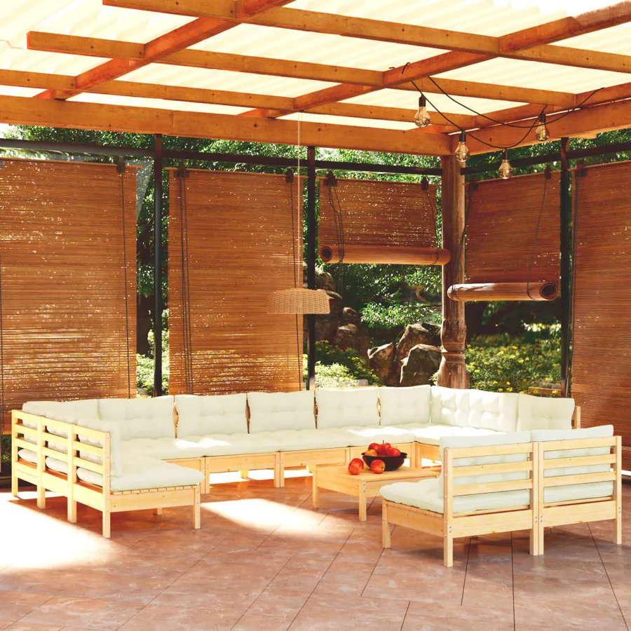 Salon de jardin 13 pcs avec coussins crème Bois de pin solide