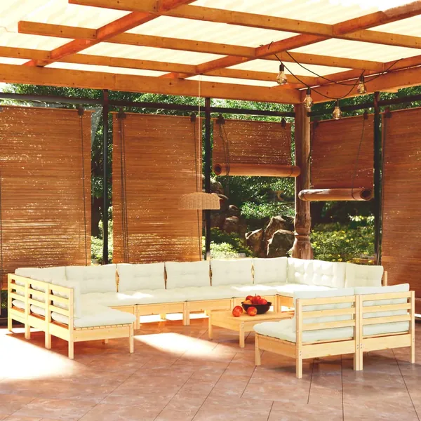 Salon de jardin 13 pcs avec coussins crème Bois de pin solide