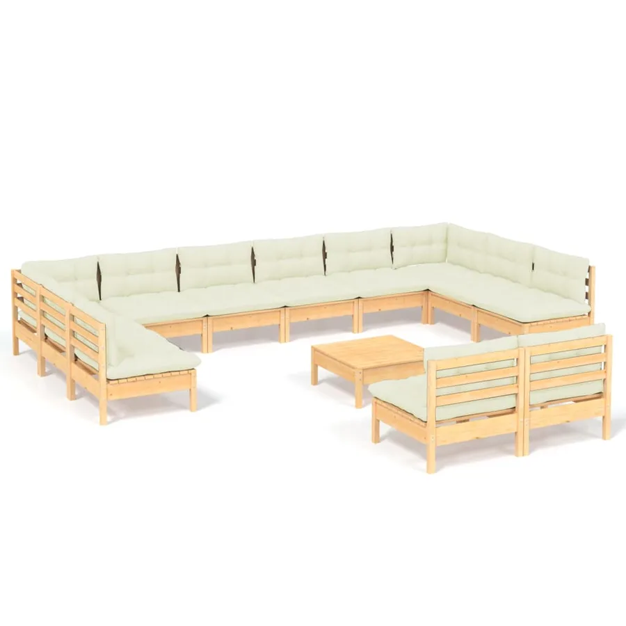 Salon de jardin 13 pcs avec coussins crème Bois de pin solide - 2